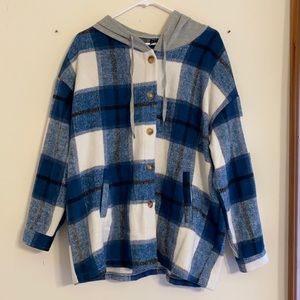 Blue, white, & white hooded flannel